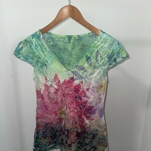 Y2K Floral V-Neck Cap Sleeve Top in Green-Pink